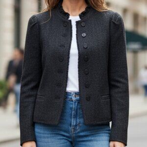 Rebecca Taylor Black Tweed Frayed Edging Textured Cropped Jacket Size 2